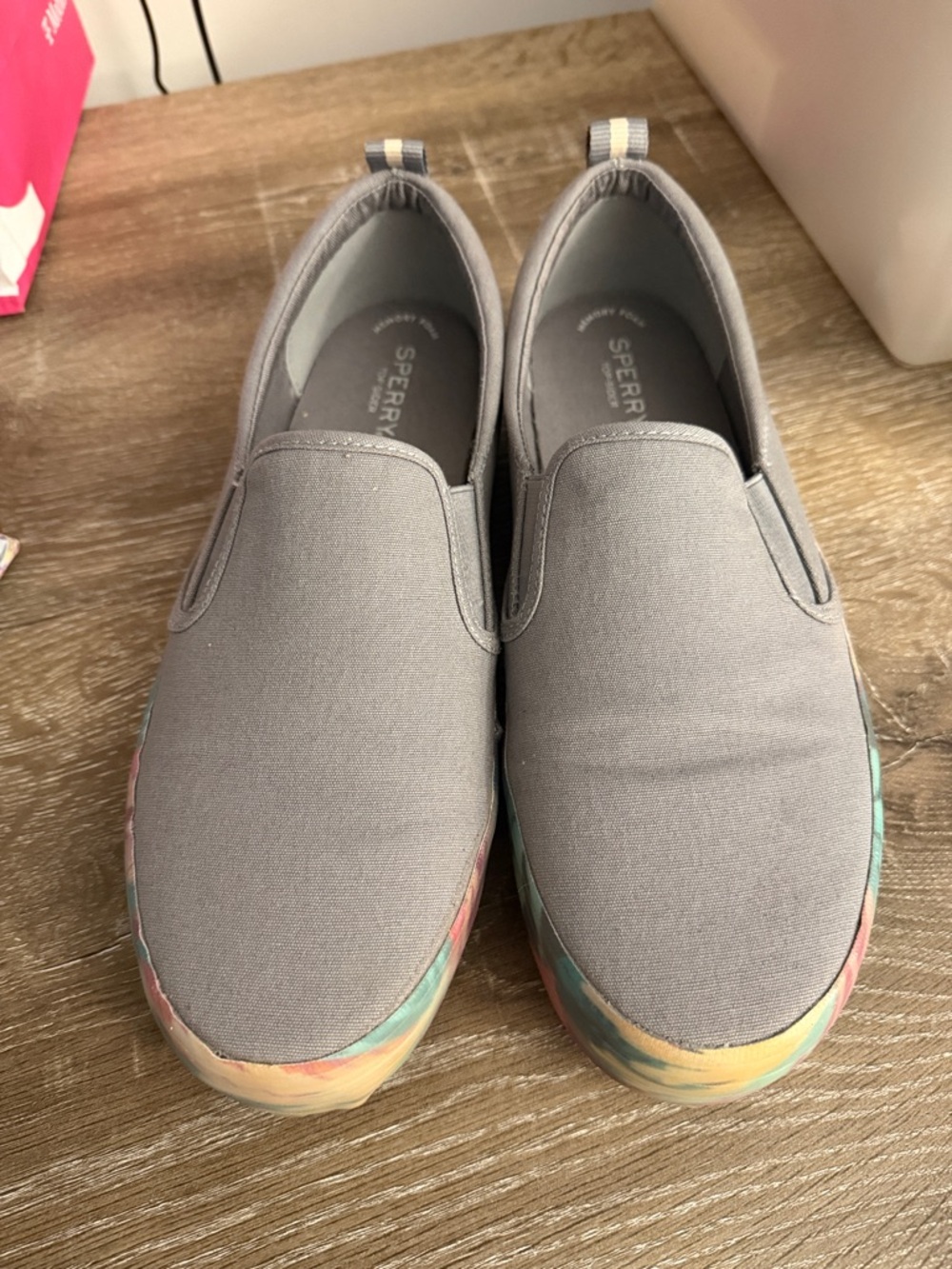 Sperry Women's Gray Slip-On Canvas Sneakers with Pastel Rainbow Sole